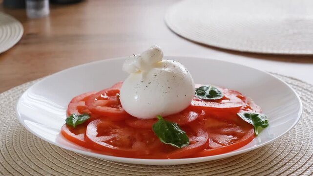 Salad with burrata and tomatoes sprinkled with black pepper