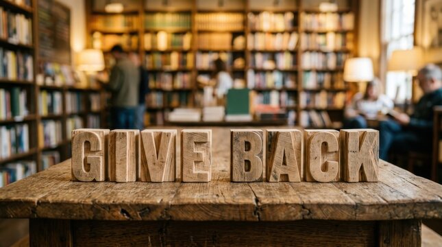 Wooden Blocks Spell 'GIVE BACK' on Rustic Table in Blurred Library Setting