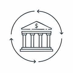 Obraz premium Bank building with dollar sign and circular arrows symbolizing financial transactions and economic cycles.