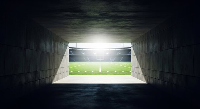 Football field exit, tunnel leading to green pitch, stadium lighting, sports infrastructure