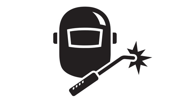 Welding mask icon with torch and sparks, representing metal fabrication and protection for industrial workers.