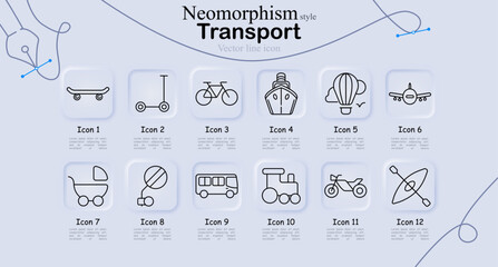 Transport mobility set icon. Clean line icons with skateboard, kick scooter, bicycle, ship, hot air balloon, airplane, stroller, road sign, bus, train engine, motorcycle, kayak © Anastasia