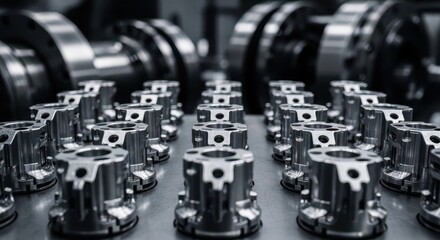 Naklejka premium Rows of Machined Metal Parts in an Industrial Setting
