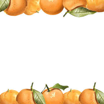 Tangerin fruits with green leaves arranged on the top and bottom edges, creating a vivid and fresh border design.