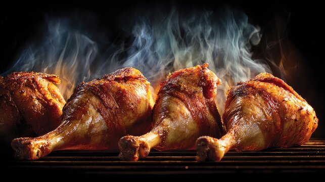 Juicy roasted chicken legs sizzling on a grill with wisps of smoke