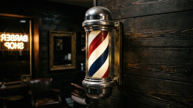 Iconic red white and blue barber pole with spiral bands glowing on a wooden wall