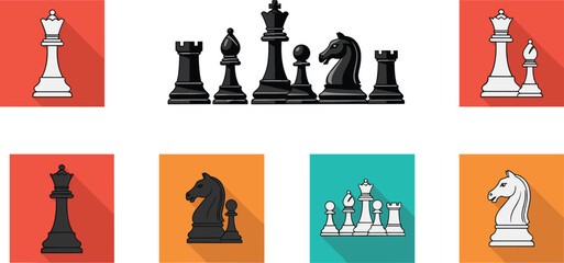 Chess pieces icons set, king queen rook bishop knight pawn, strategy board game elements, flat design, modern illustration collection © MDRAKIB
