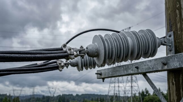 Detailed electrical insulator system with high voltage transmission lines against a cloudy sky