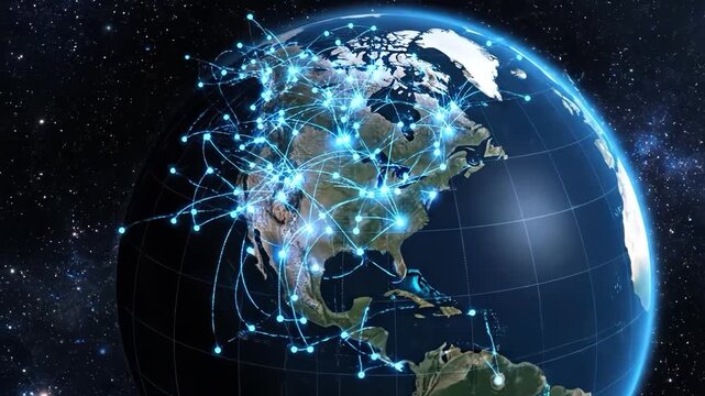 A globe with blue connections on a starry night background
