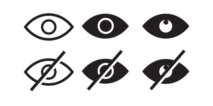 Eye visibility toggle icons set. Open and closed eye symbols for show hide password, privacy visibility control UI vector illustration