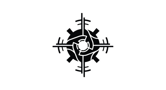 Abstract geometric black symbol on a white background, featuring intricate interlocking shapes and radiating lines, suggesting technology or a complex system.