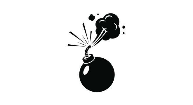A stark black and white illustration depicts an exploding bomb with smoke and sparks high quality