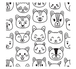 Fototapeta premium Delightful seamless pattern featuring a charming array of hand-drawn cute animal characters faces in a clean line art doodle style, ideal for kids' products