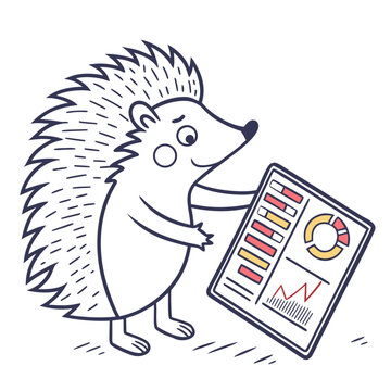 A charming cartoon hedgehog diligently operates a laptop displaying complex data visualizations and charts high quality professional detailed modern elegant