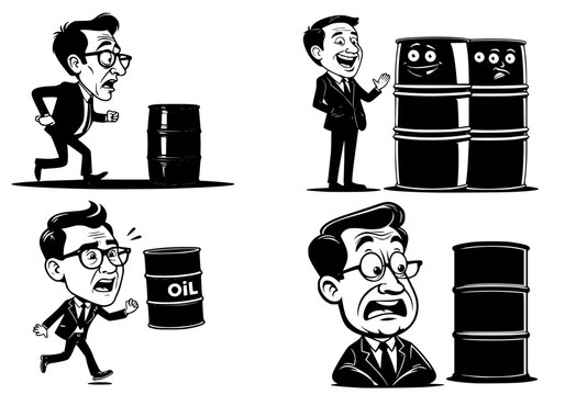 Cartoon businessman interacting with oil barrels showing happy, shocked, and fearful expressions in black and white vector style, illustrating energy market and financial emotions