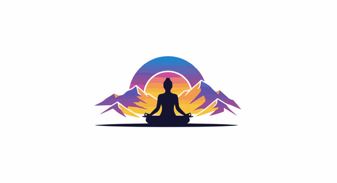 Silhouette of person meditating on a mat with mountains and sunset background