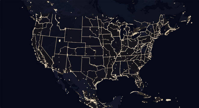 Satellite view of United States at night showing illuminated cities and state borders