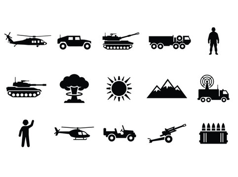 Detailed military equipment and army personnel vector icon set for defense-related graphic design.