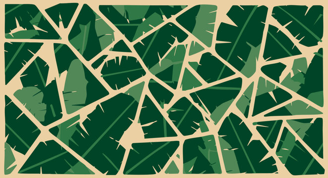 Abstract green leaf pattern on a light beige background.