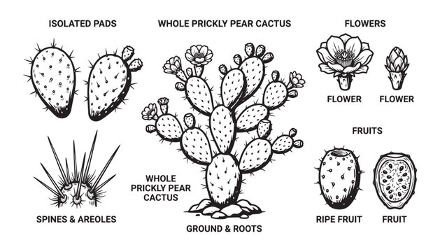 Prickly pear cactus vector illustration set with flowers fruit spines