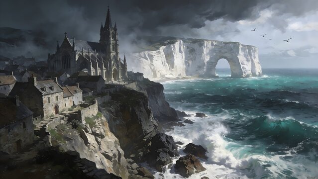 A majestic dark fantasy cinematic landscape. A weathered medieval stone village with a grand gothic church clings to a rugged cliffside overlooking a churning, dark turquoise ocean.