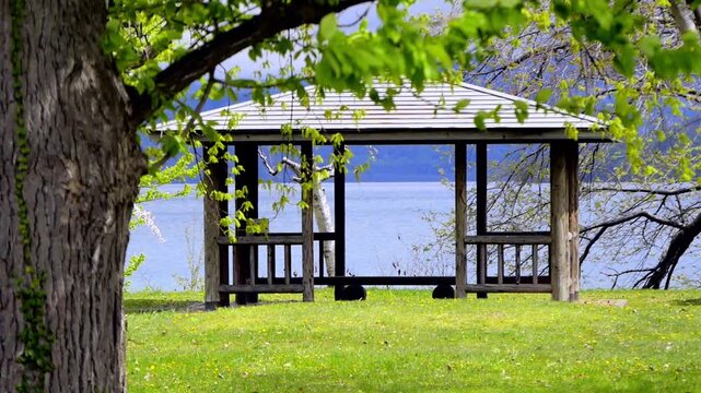 Fresh Green Lakeside Gazebo at Lake Toya, Hokkaido, Japan