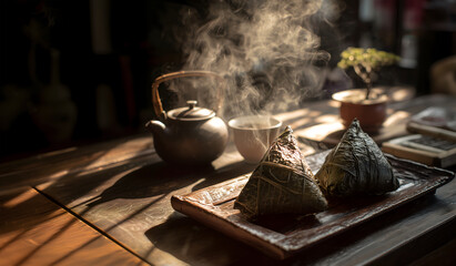 Creative food template. Steaming hot Zongzi, Bak Zhang, glutinous sticky rice dumplings with oriental clay teapot on traditional Chinese teahouse wooden table with bonsai plant. copy text space