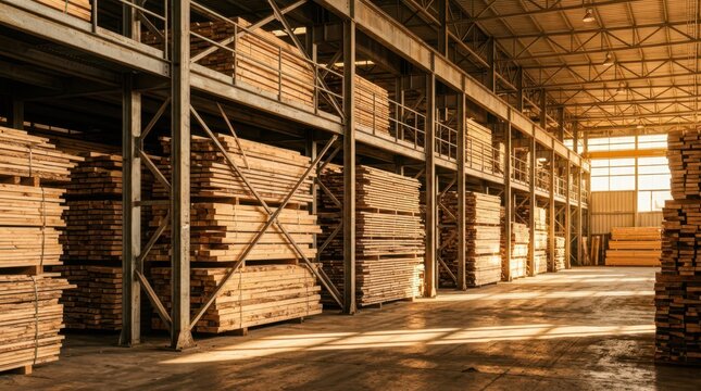Abundant stacks of raw wood lumber held within a tall industrial warehouse shelving system, awaiting construction and manufacturing.