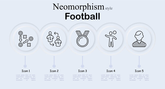 Football set icon. Neomorphism style interface with tactics strategy board, player substitution arrows, medal ribbon award, athlete with ball, referee portrait. Soft round buttons