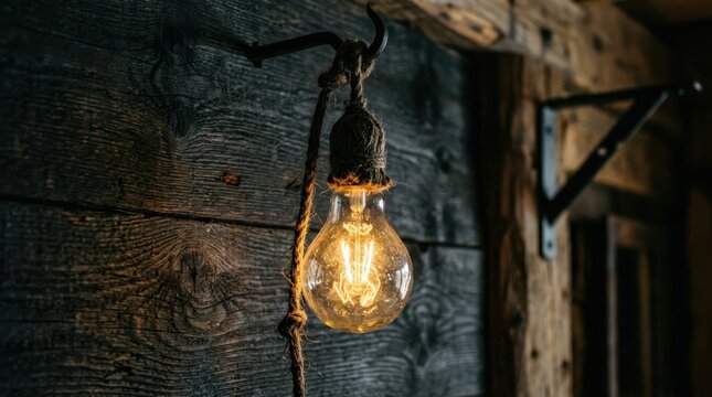 An illuminated vintage Edison bulb with visible tungsten filament, hanging from a rustic rope against a weathered wooden wall.