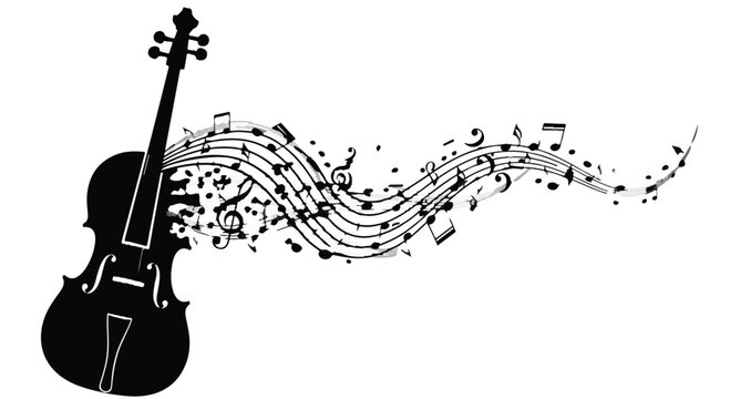 Black violin silhouette emitting a flowing stream of musical notes and staves.
