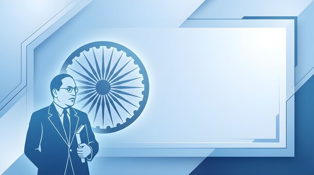 Dr. B.R. Ambedkar Writing the Constitution of India, Educational Illustration for Ambedkar Jayanti, Equality and Knowledge Concept on Blue Abstract Background.