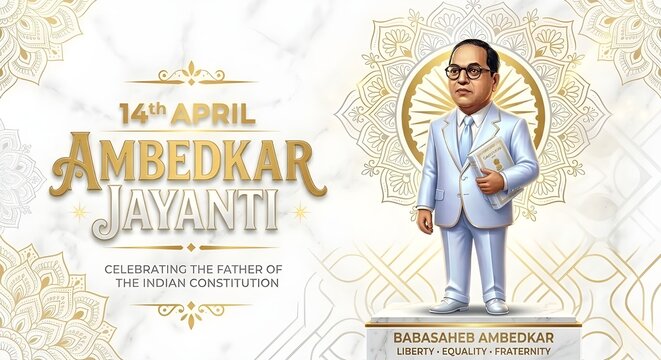 Dr. B.R. Ambedkar Writing the Constitution of India, Educational Illustration for Ambedkar Jayanti, Equality and Knowledge Concept on White Abstract Background.