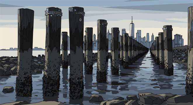 Row of weathered wooden pilings on a rocky shore with city skyline