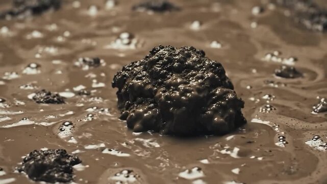 Closeup of wet mud with a pile in the center