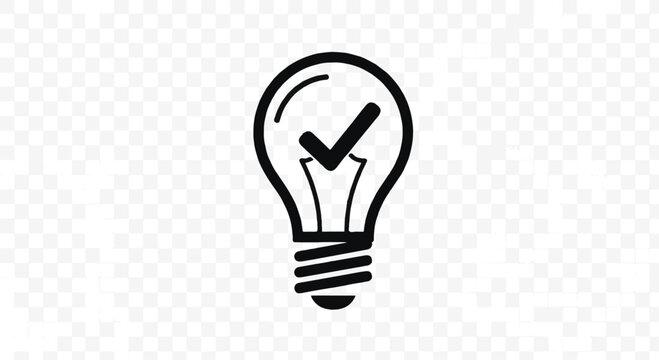 Lightbulb illustration with a bold checkmark represents a confirmed successful idea or an approved innovative solution.