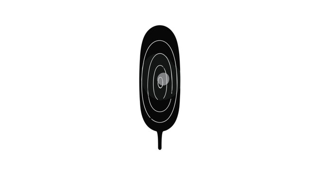 Stylized black feather silhouette with concentric circles and a small central sphere.