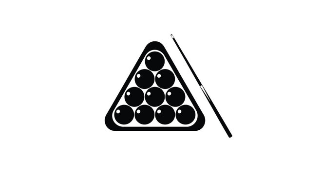 A black silhouette depicts a racked set of billiard balls with a cue stick high quality