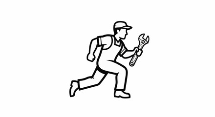 Fototapeta premium Running mechanic in overalls holding a wrench