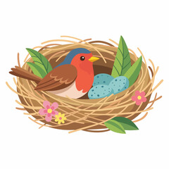 Obraz premium This illustration depicts a beautiful bird nest containing blue eggs, surrounded by leaves and flowers, symbolizing new beginnings and the beauty of nature, perfect for nature lovers.