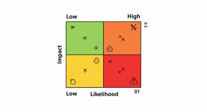 Risk matrix with colored quadrants and various symbols representing threats