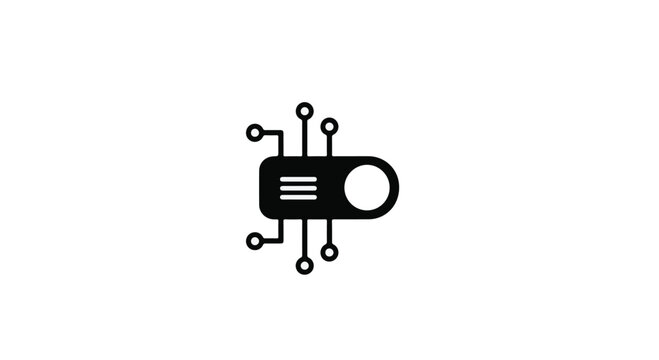 Stylized microchip or electronic component icon with circuit board elements.