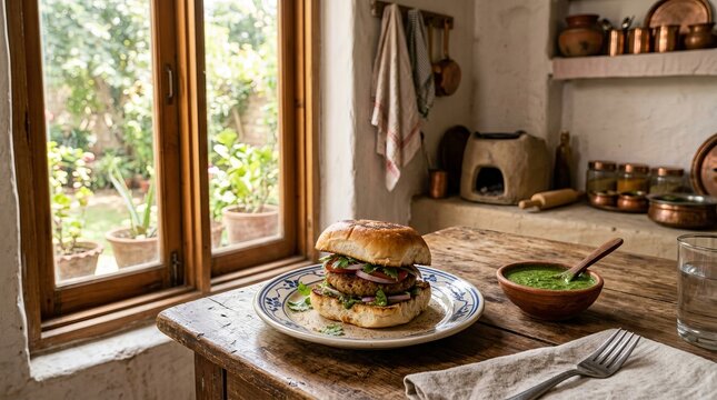 Delicious vegetarian burger and chutney served on a rustic kitchen counter by a sunny window