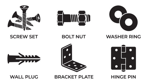 Set of construction hardware vector illustration screws bolts washers wall plugs