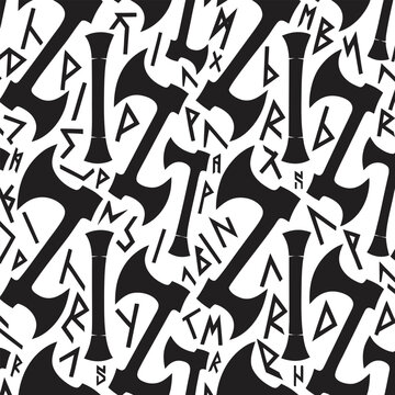 Seamless Pattern with Double-Headed Axes and Runic Symbols, Black and White Vector Illustration for Viking Theme Apparel and Fantasy Game Backgrounds