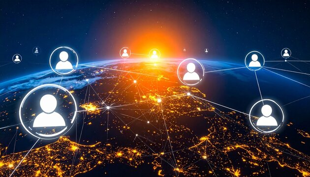 Global Earth sunrise with digital network nodes and connections