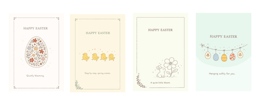 イースターカードセット（卵・ひよこ・ガーランド・うさぎの春デザイン）、Easter Card Set with Eggs, Chicks, Garland and Bunny Spring Design
