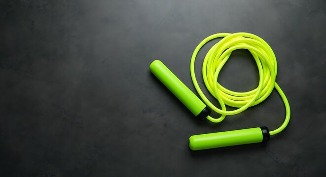 skipping rope neon yellow coiled on a dark grey concrete floor top view negative space