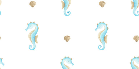 Seahorse and scallop seashell watercolor hand drawn kids seamless pattern. Baby sea background with marine underwater dweller. Children undersea print of ocean animals for fabric, bedding, linen.  © Fedulova_art