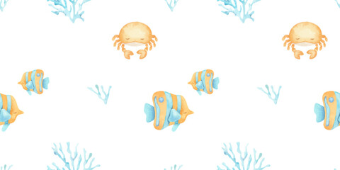 Fototapeta premium Reef fish, corals and crabs watercolor hand drawn kids seamless pattern. Baby background with marine underwater inhabitant. Children undersea print of ocean animals for fabric, bedding, linen. 